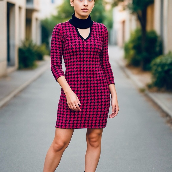 Jolie & Joy Pink & Black Houndstooth Sweater Dress | Size L | NWT - Picture 2 of 6